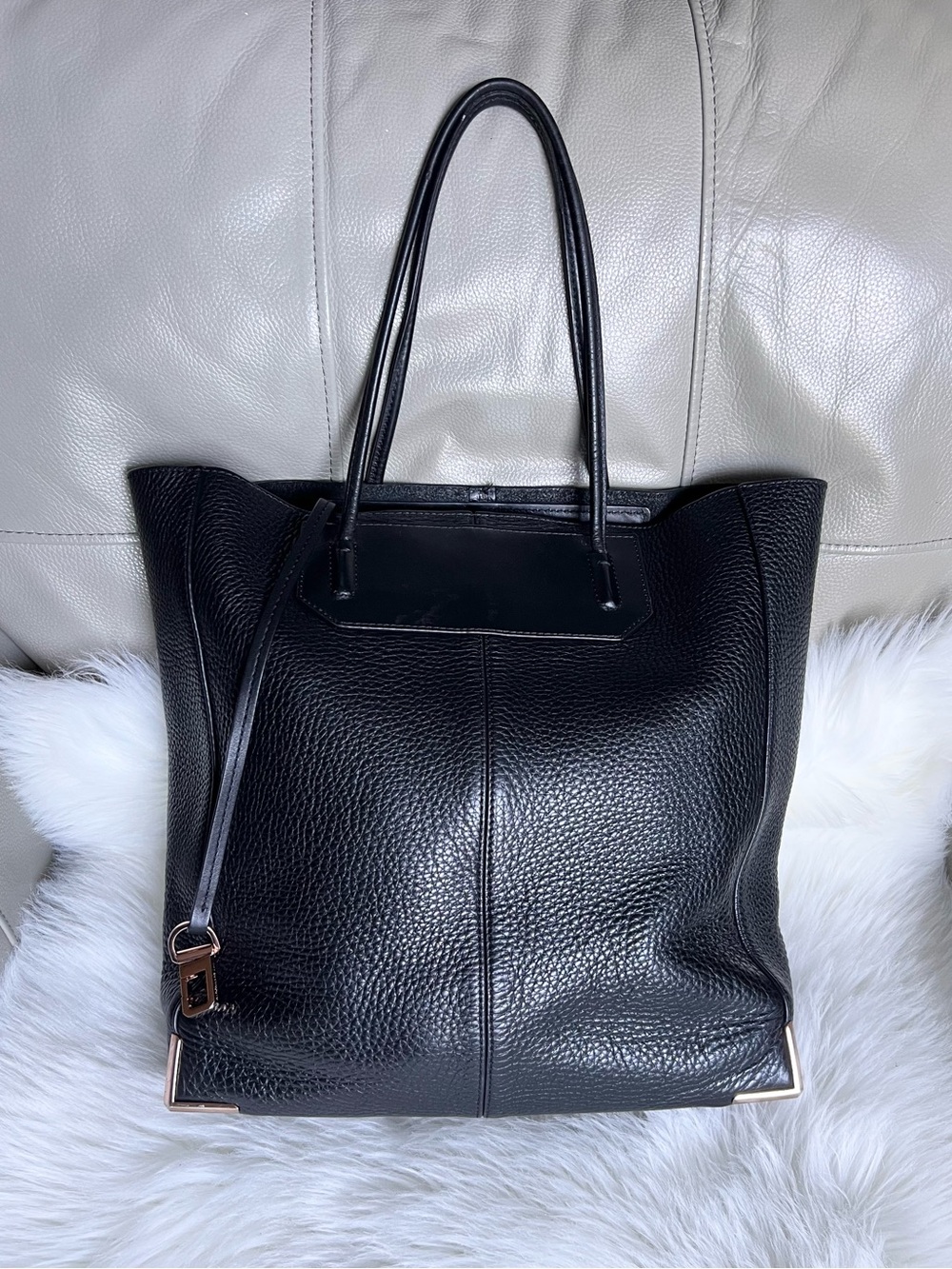 Alexander Wang Large Prisma Tote Shoulder Bag Black Pebbled Leather Gold Trim